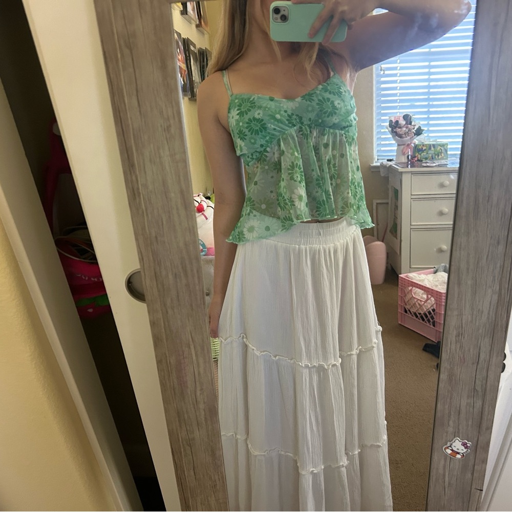 White Maxi Skirt and Green Floral Tank